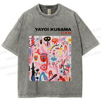 Unisex Yayoi Kusama Pink Funny Graffiti Printed Washed Tee