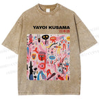 Unisex Yayoi Kusama Pink Funny Graffiti Printed Washed Tee