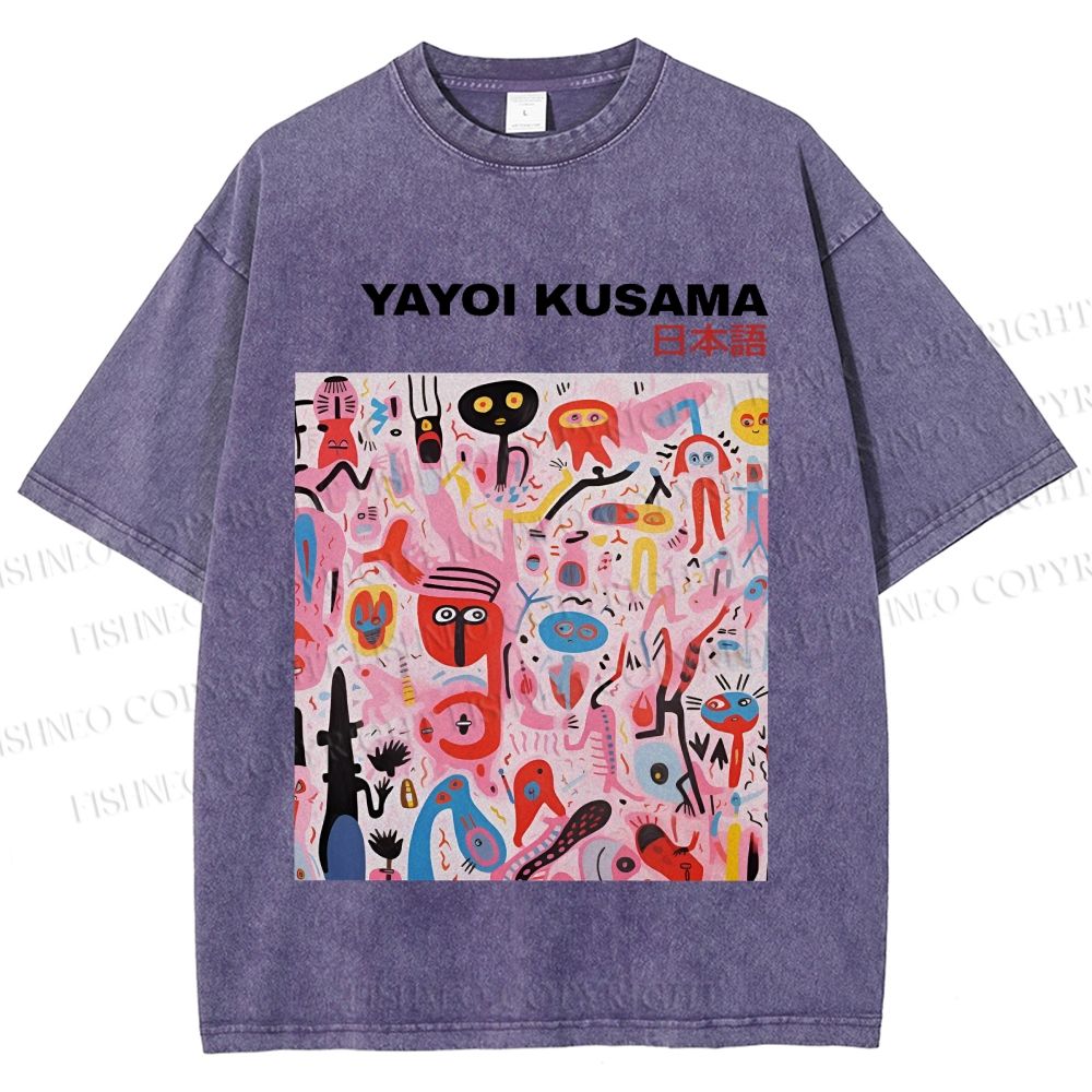 Unisex Yayoi Kusama Pink Funny Graffiti Printed Washed Tee