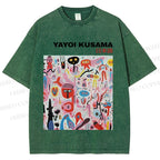Unisex Yayoi Kusama Pink Funny Graffiti Printed Washed Tee