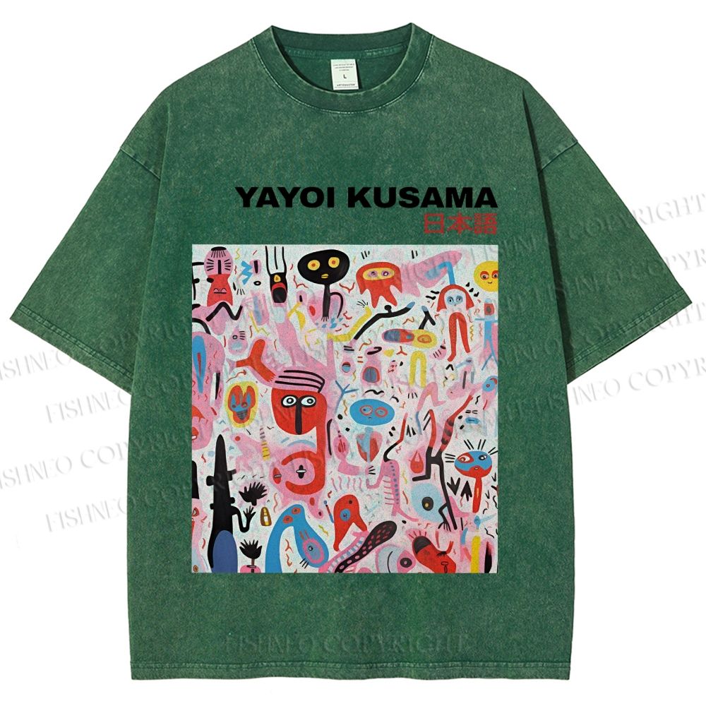 Unisex Yayoi Kusama Pink Funny Graffiti Printed Washed Tee