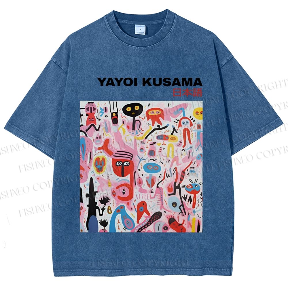 Unisex Yayoi Kusama Pink Funny Graffiti Printed Washed Tee