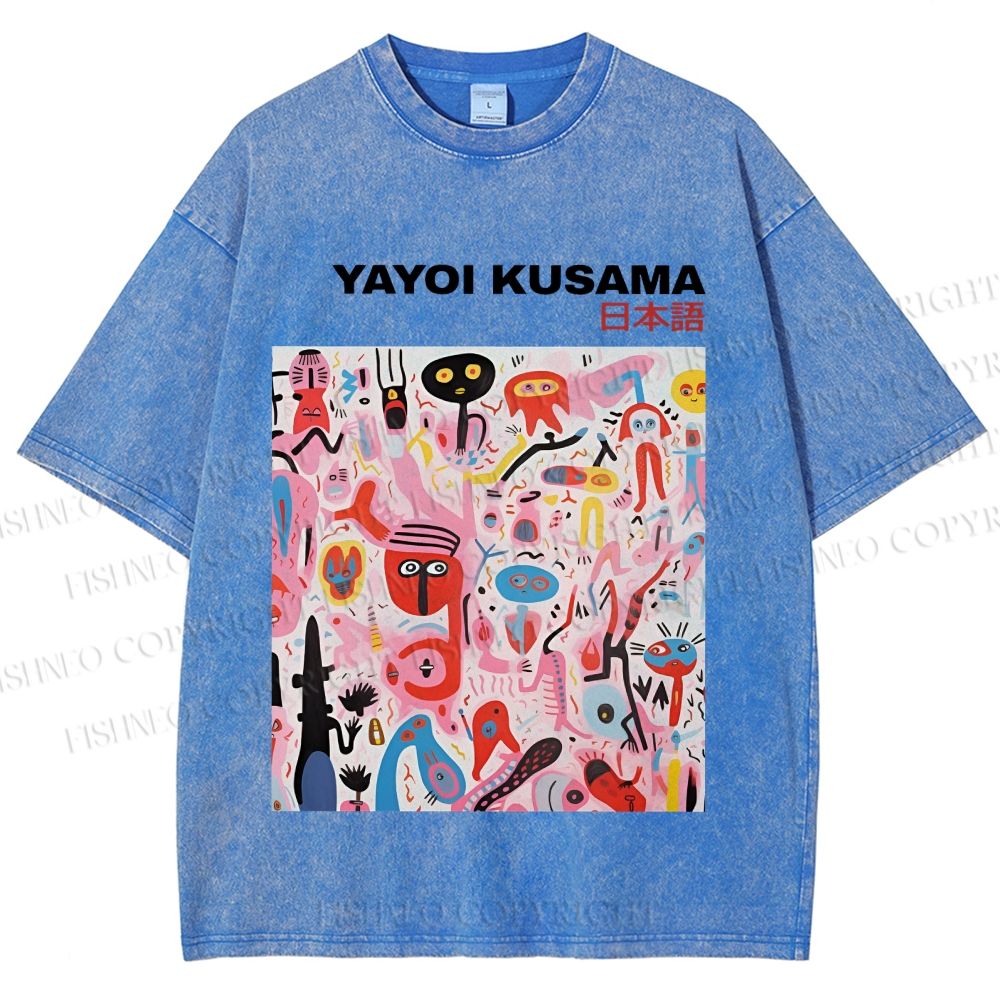 Unisex Yayoi Kusama Pink Funny Graffiti Printed Washed Tee
