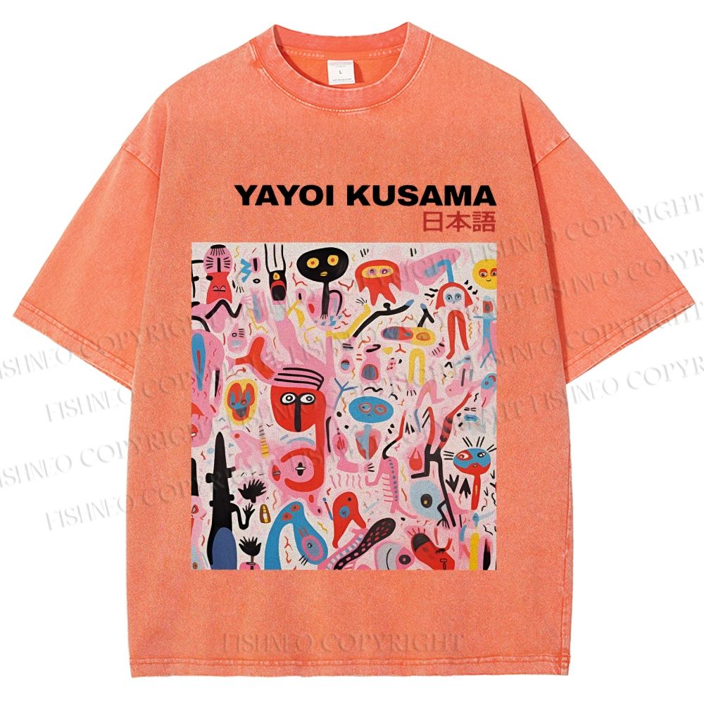 Unisex Yayoi Kusama Pink Funny Graffiti Printed Washed Tee