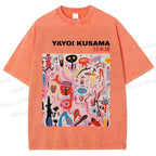 Unisex Yayoi Kusama Pink Funny Graffiti Printed Washed Tee
