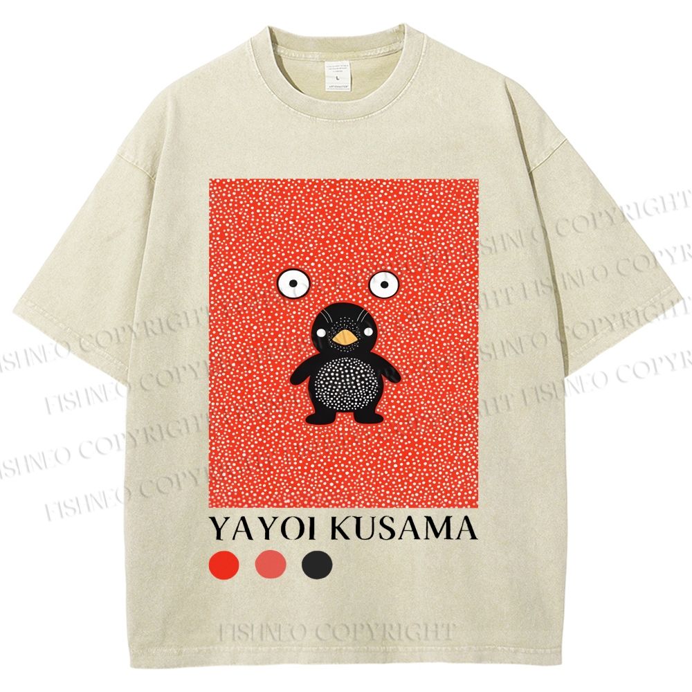 Unisex Yayoi Kusama Funny Cartoon Penguin Printed Washed Tee