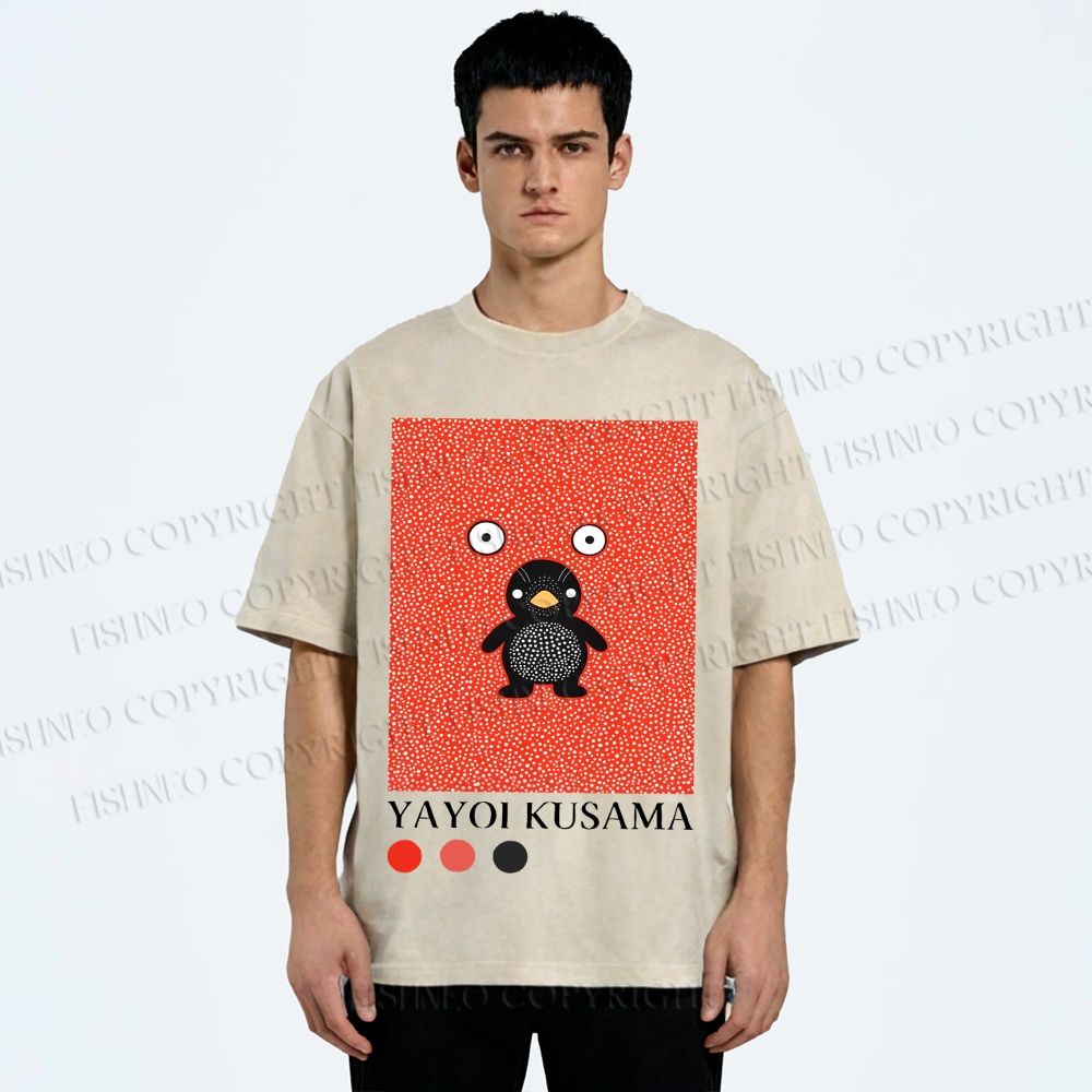 Unisex Yayoi Kusama Funny Cartoon Penguin Printed Washed Tee
