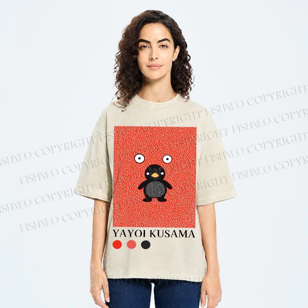 Unisex Yayoi Kusama Funny Cartoon Penguin Printed Washed Tee