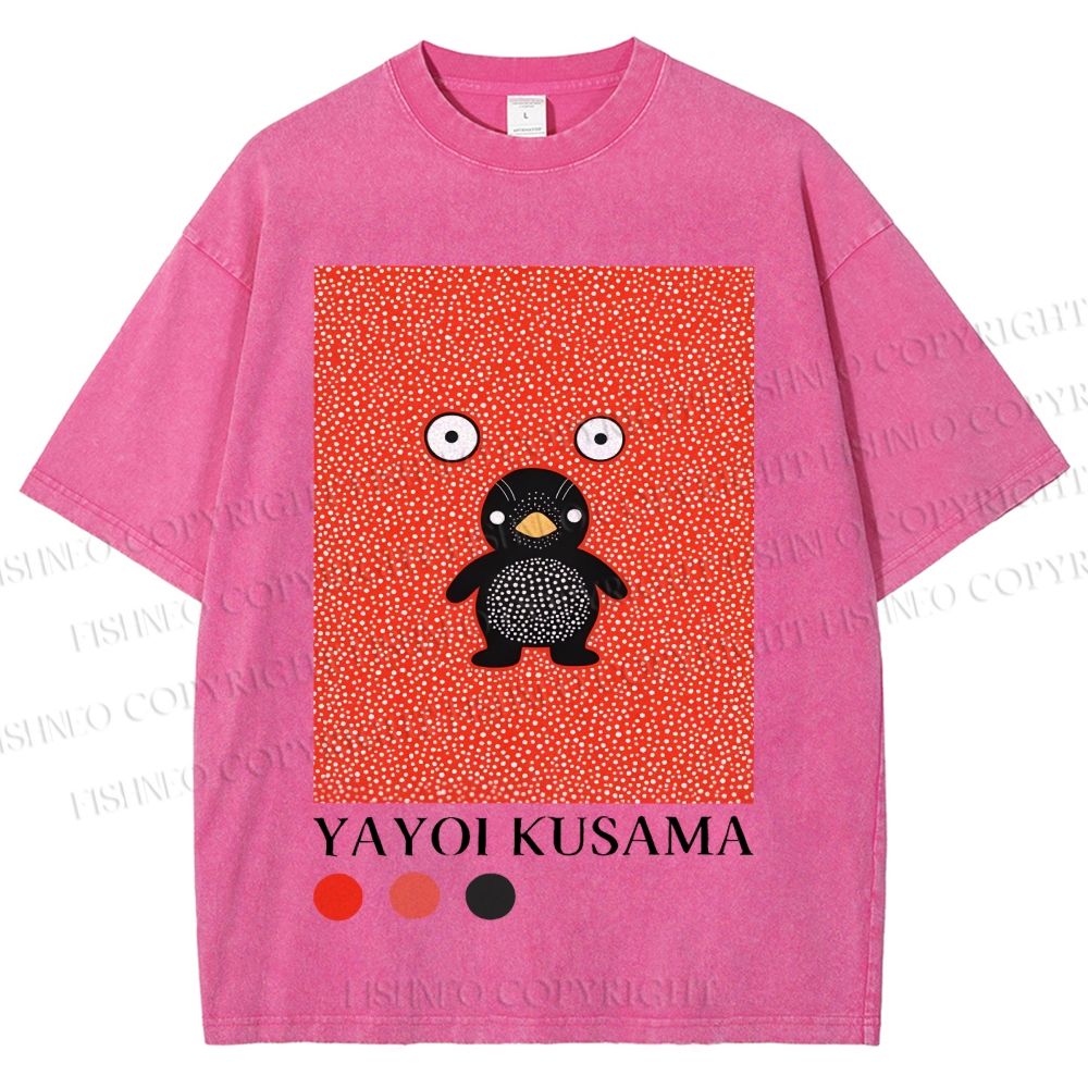 Unisex Yayoi Kusama Funny Cartoon Penguin Printed Washed Tee