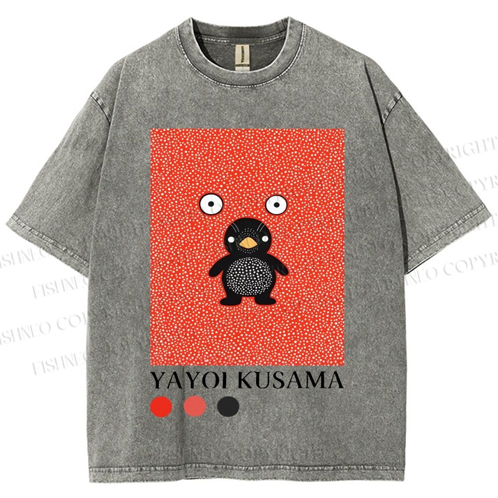 Unisex Yayoi Kusama Funny Cartoon Penguin Printed Washed Tee