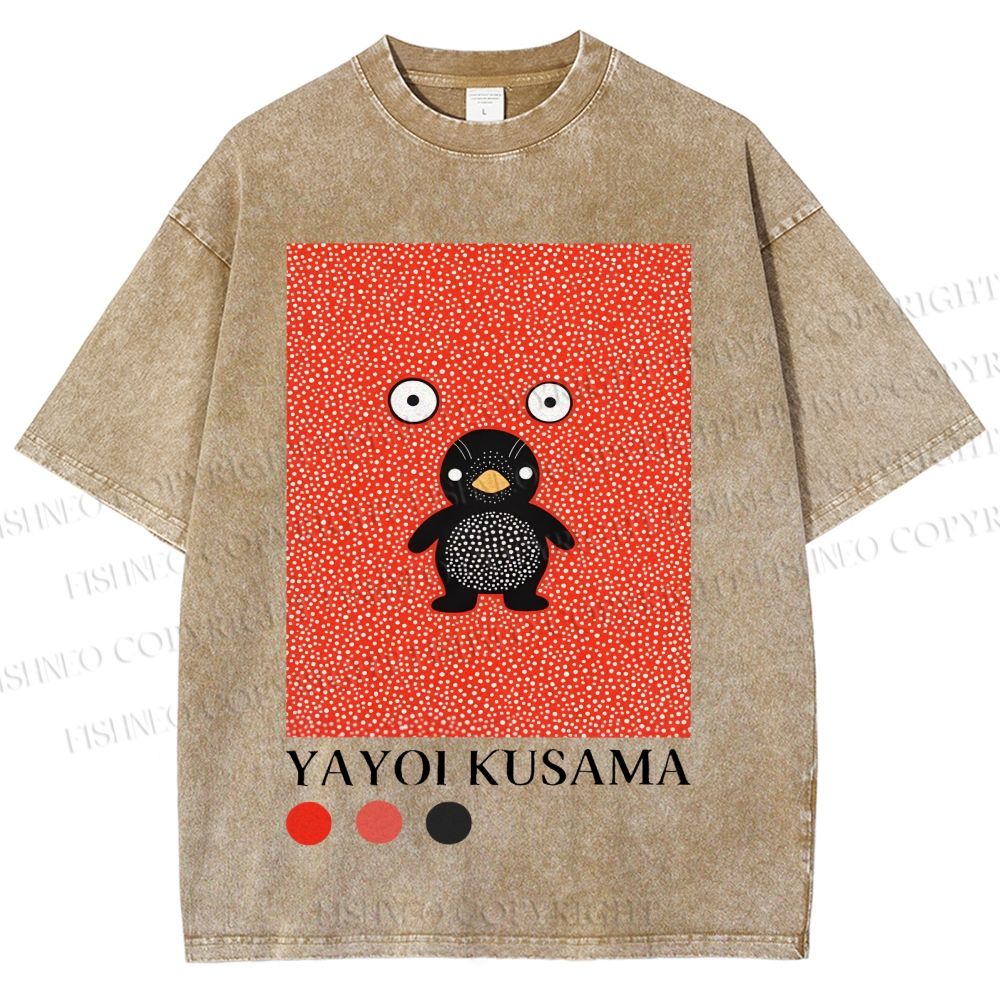 Unisex Yayoi Kusama Funny Cartoon Penguin Printed Washed Tee