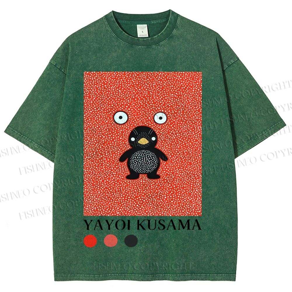 Unisex Yayoi Kusama Funny Cartoon Penguin Printed Washed Tee