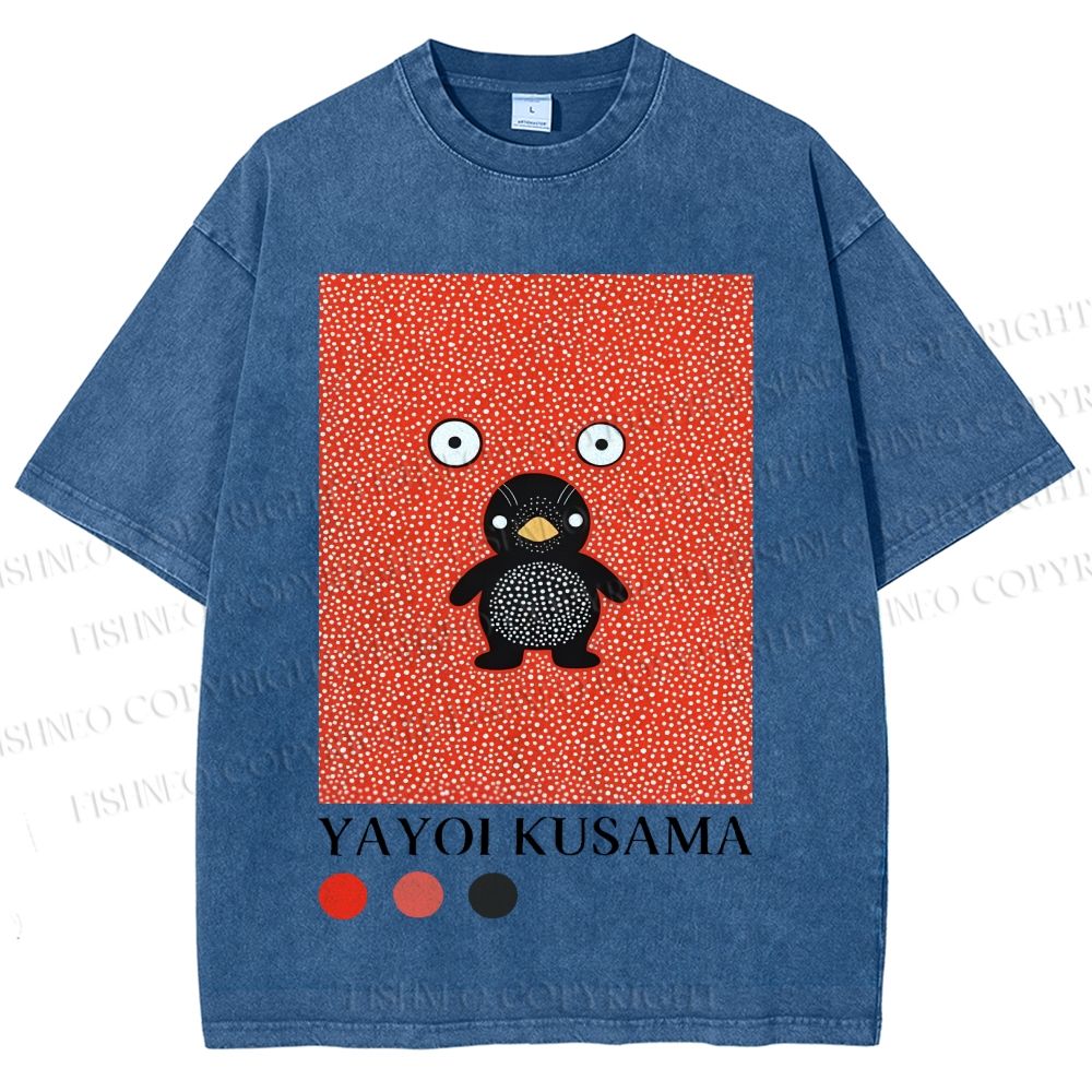 Unisex Yayoi Kusama Funny Cartoon Penguin Printed Washed Tee
