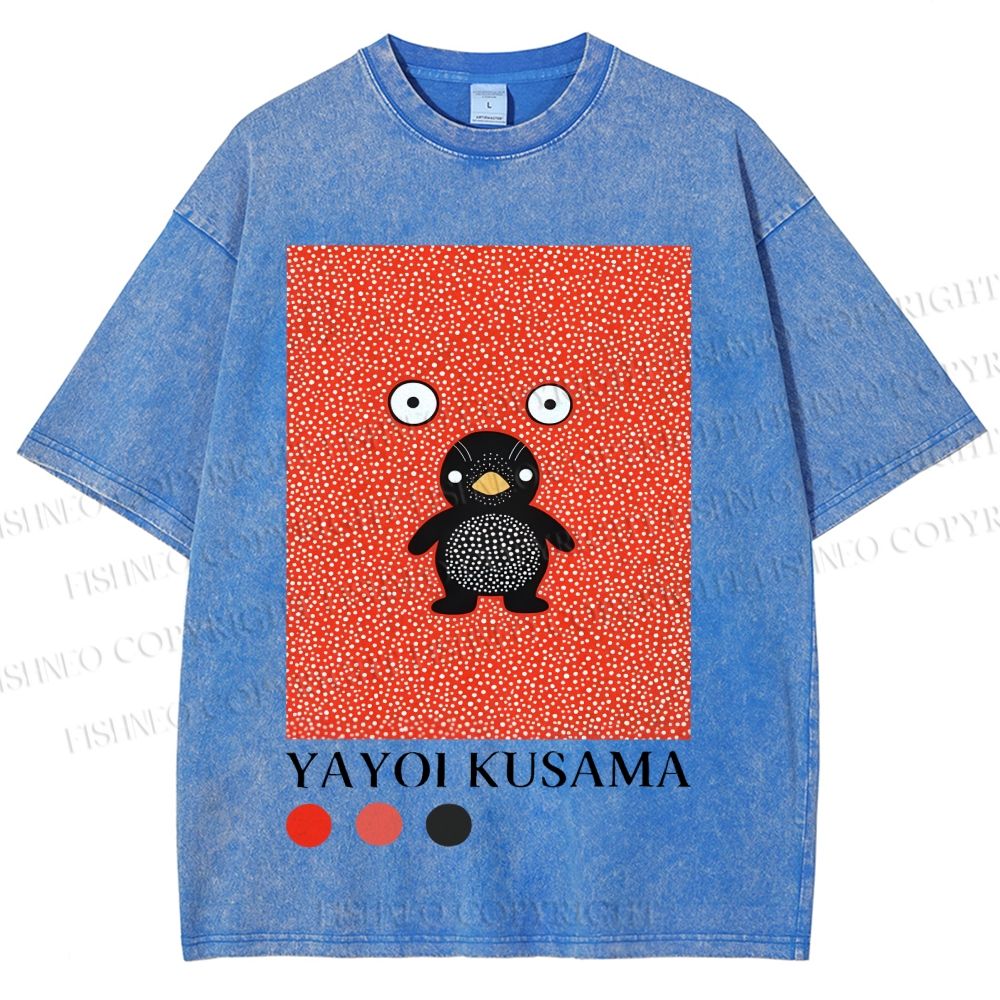 Unisex Yayoi Kusama Funny Cartoon Penguin Printed Washed Tee