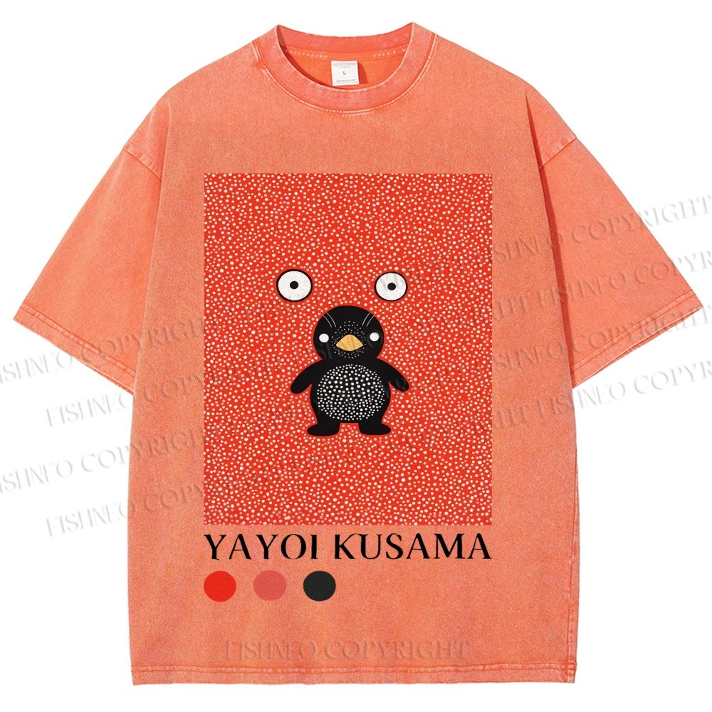 Unisex Yayoi Kusama Funny Cartoon Penguin Printed Washed Tee