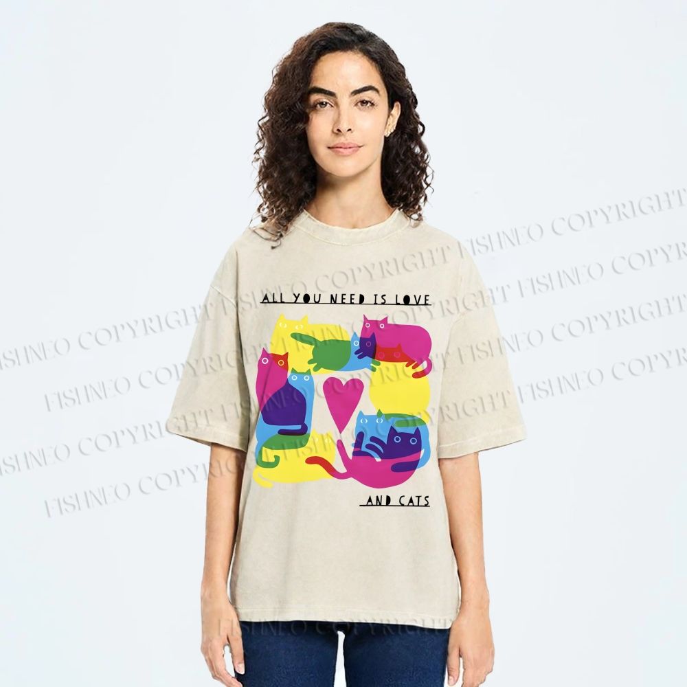 Unisex All You Need Is Love And Cats Printed Washed Tee