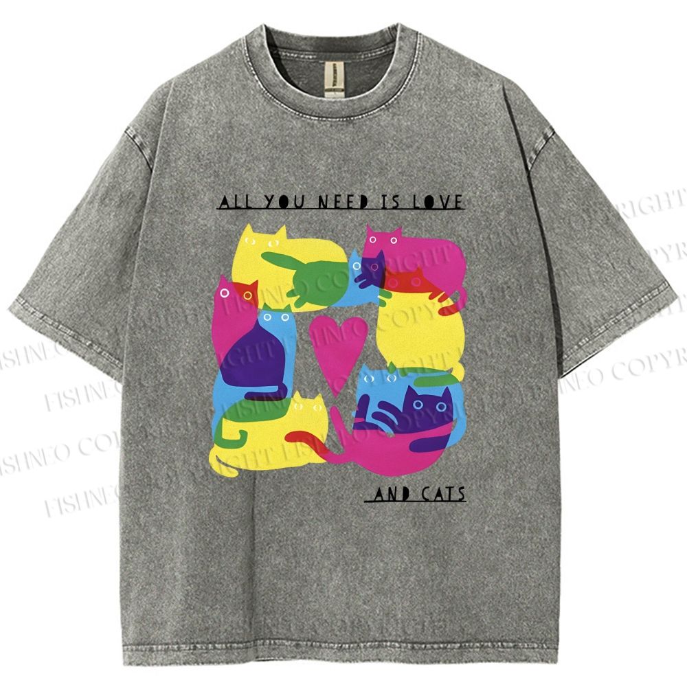 Unisex All You Need Is Love And Cats Printed Washed Tee