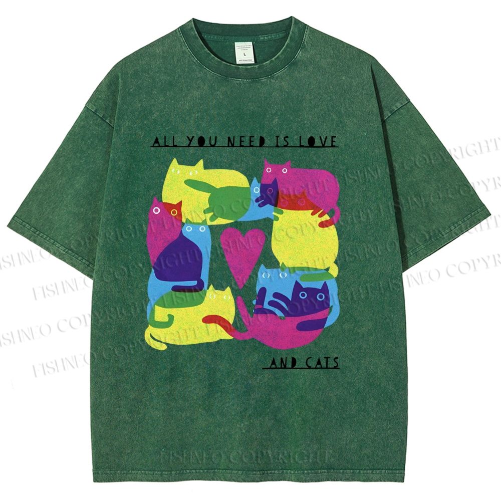 Unisex All You Need Is Love And Cats Printed Washed Tee