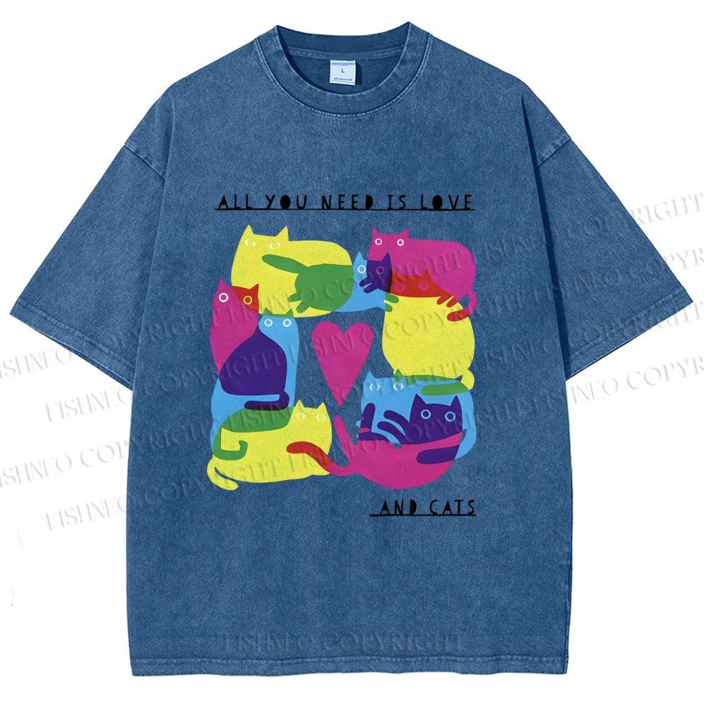 Unisex All You Need Is Love And Cats Printed Washed Tee