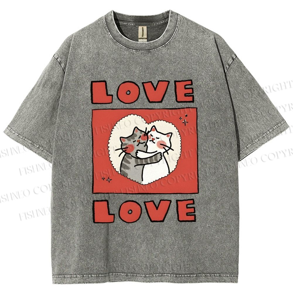 Unisex Love Cat Printed Washed Tee
