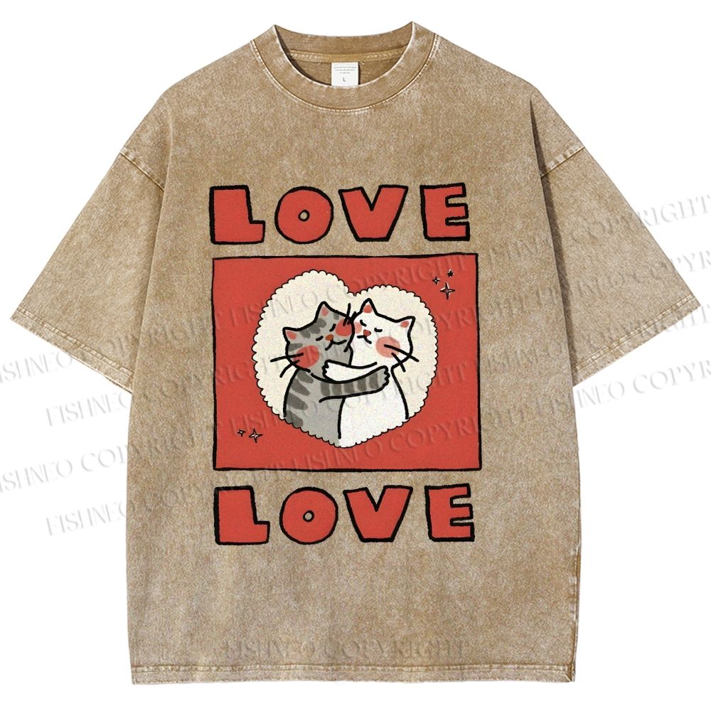 Unisex Love Cat Printed Washed Tee