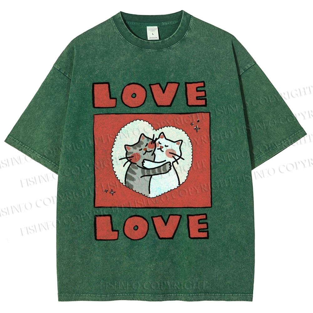 Unisex Love Cat Printed Washed Tee