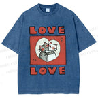 Unisex Love Cat Printed Washed Tee