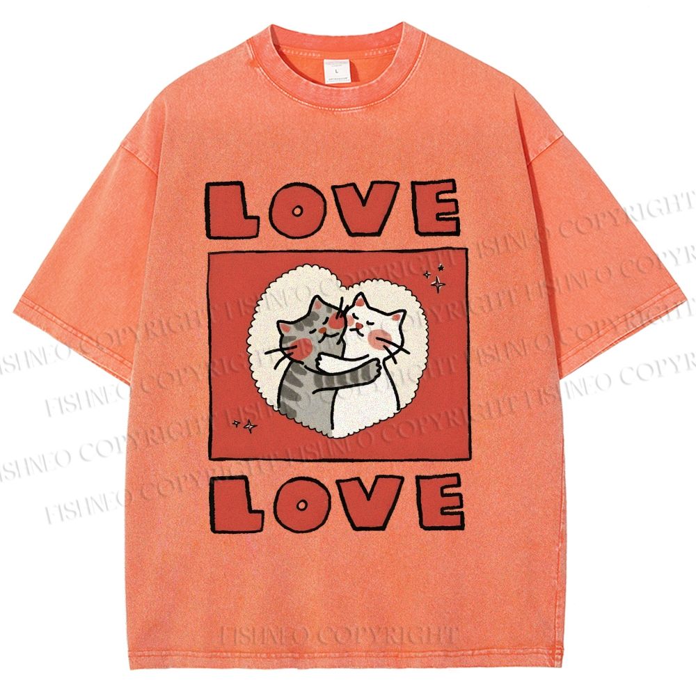 Unisex Love Cat Printed Washed Tee