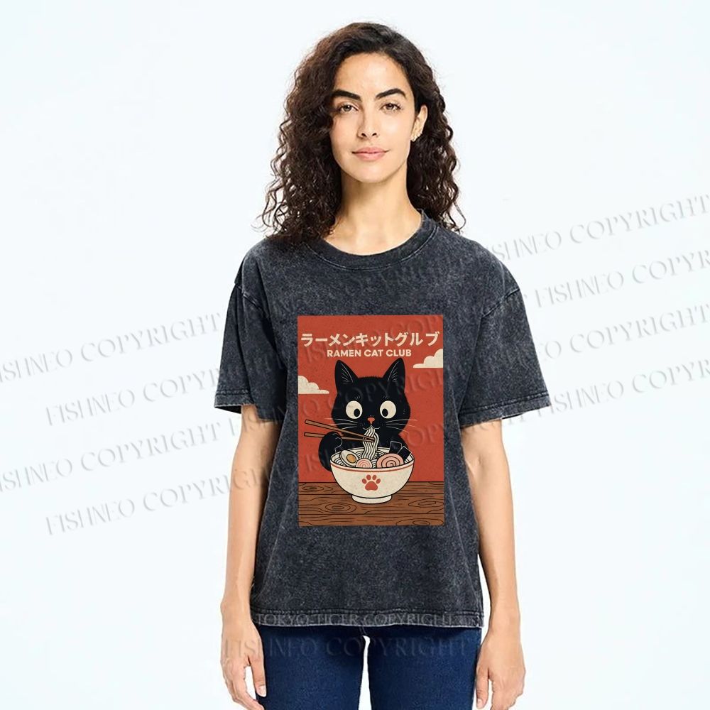 Unisex Ramen Cat Club Printed Washed Tee