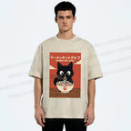 Unisex Ramen Cat Club Printed Washed Tee