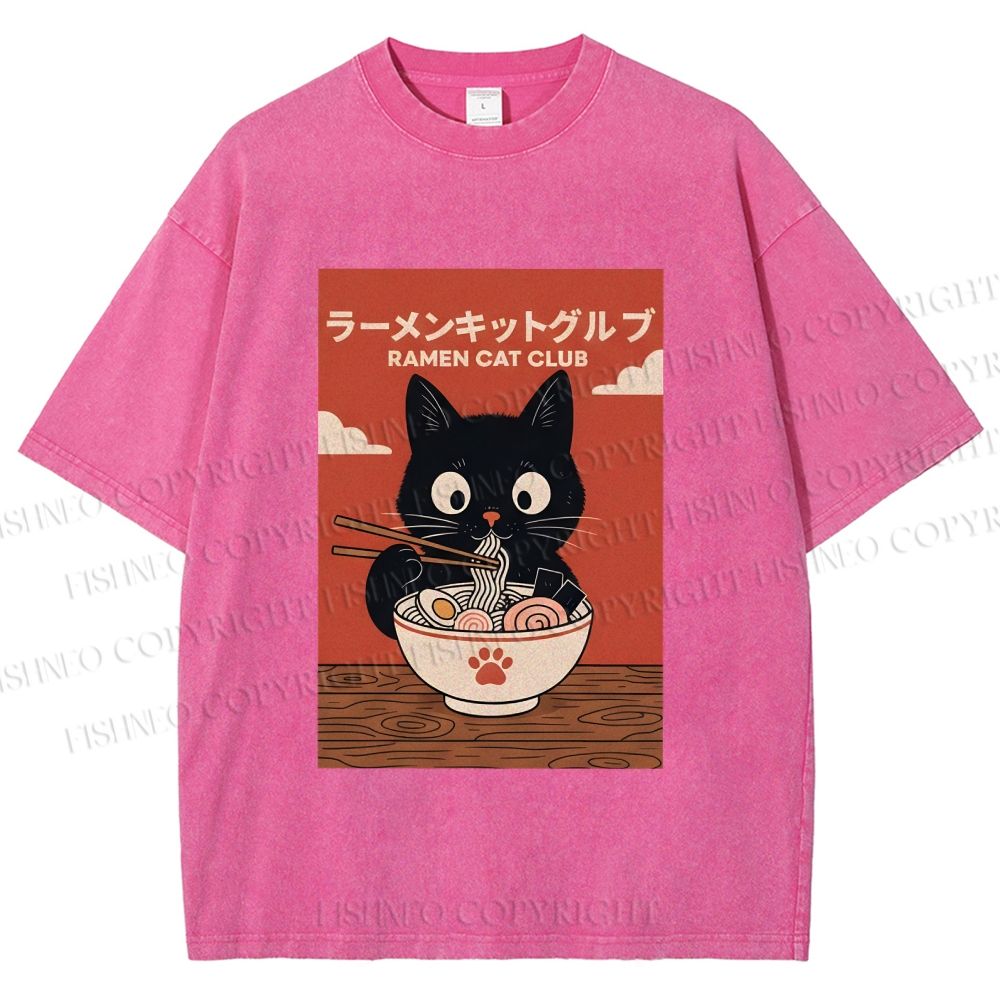 Unisex Ramen Cat Club Printed Washed Tee