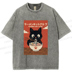 Unisex Ramen Cat Club Printed Washed Tee