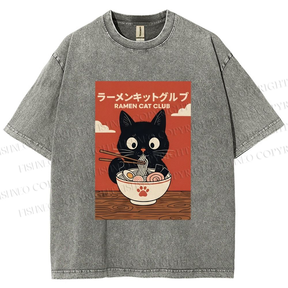 Unisex Ramen Cat Club Printed Washed Tee