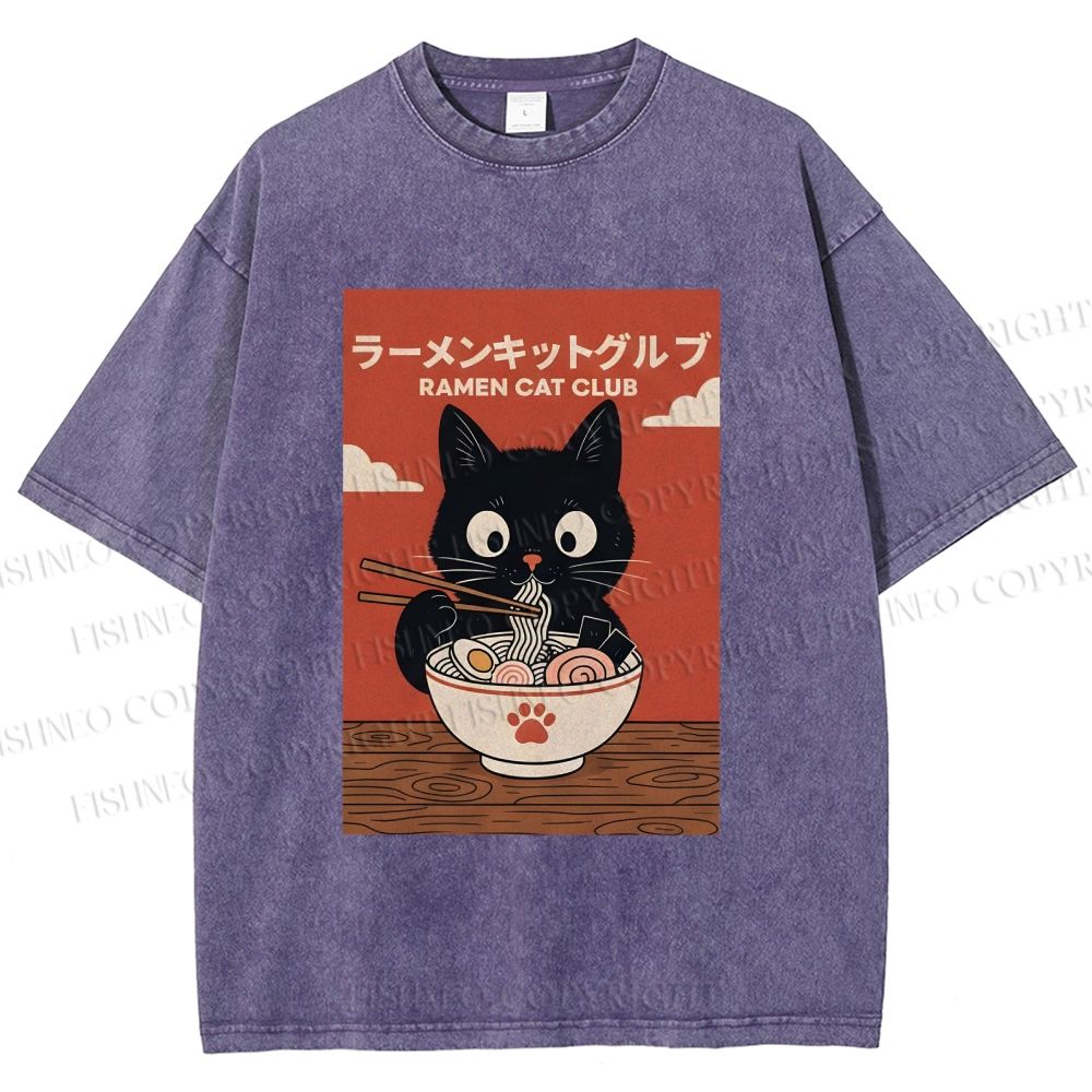 Unisex Ramen Cat Club Printed Washed Tee