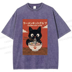 Unisex Ramen Cat Club Printed Washed Tee