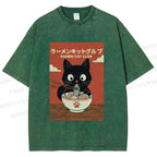 Unisex Ramen Cat Club Printed Washed Tee