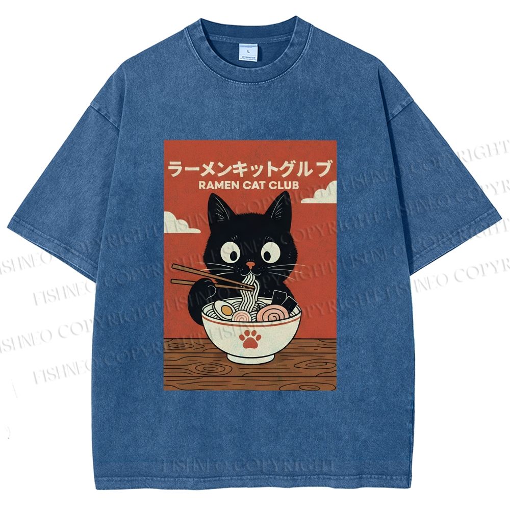 Unisex Ramen Cat Club Printed Washed Tee