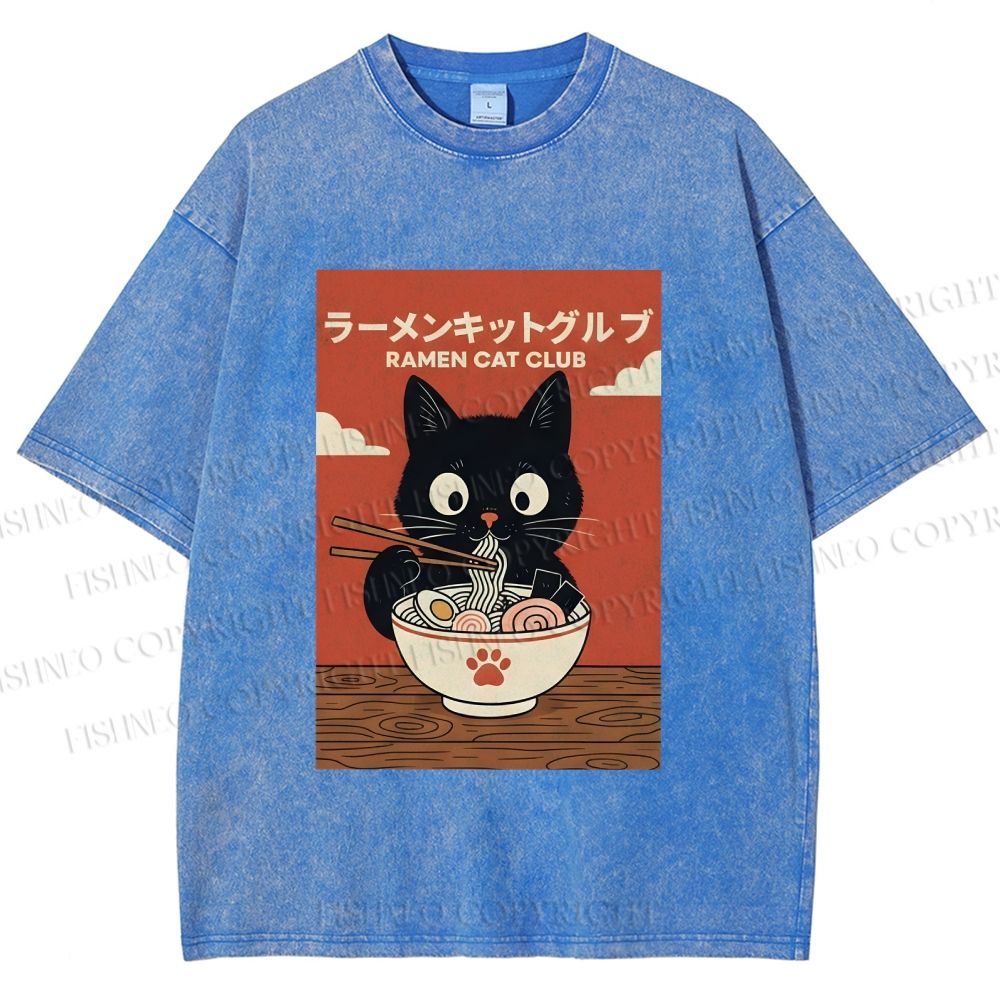 Unisex Ramen Cat Club Printed Washed Tee