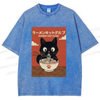 Unisex Ramen Cat Club Printed Washed Tee