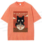Unisex Ramen Cat Club Printed Washed Tee