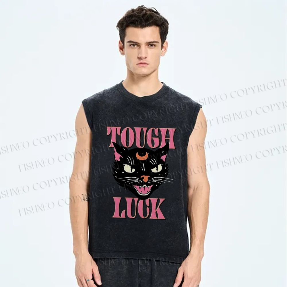 Unisex Tough Luck Cat Printed Washed Tank Top