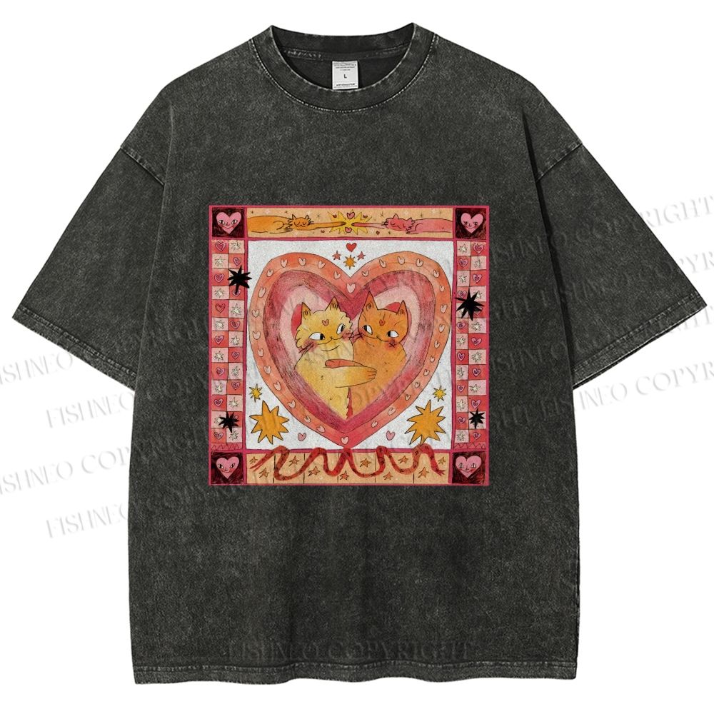 Unisex Cats Falling in Love Printed Washed Tee
