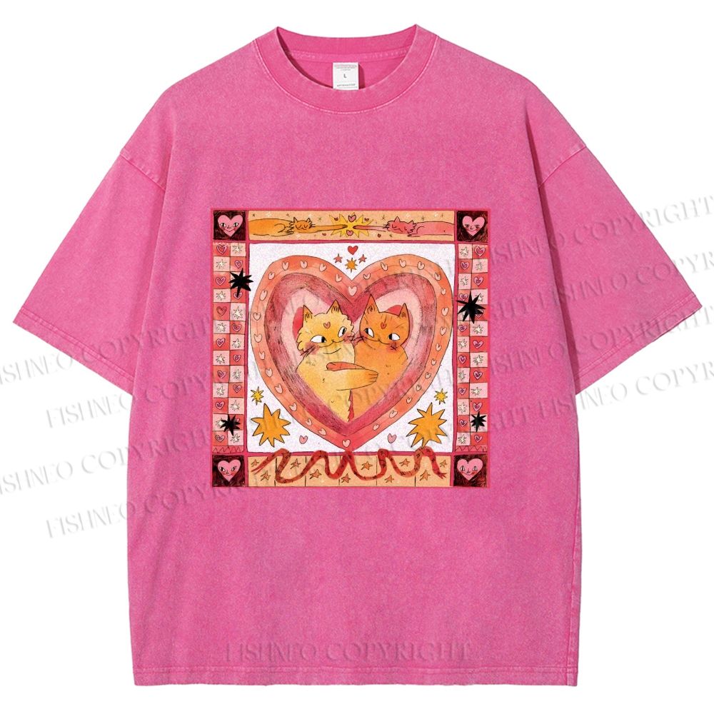Unisex Cats Falling in Love Printed Washed Tee
