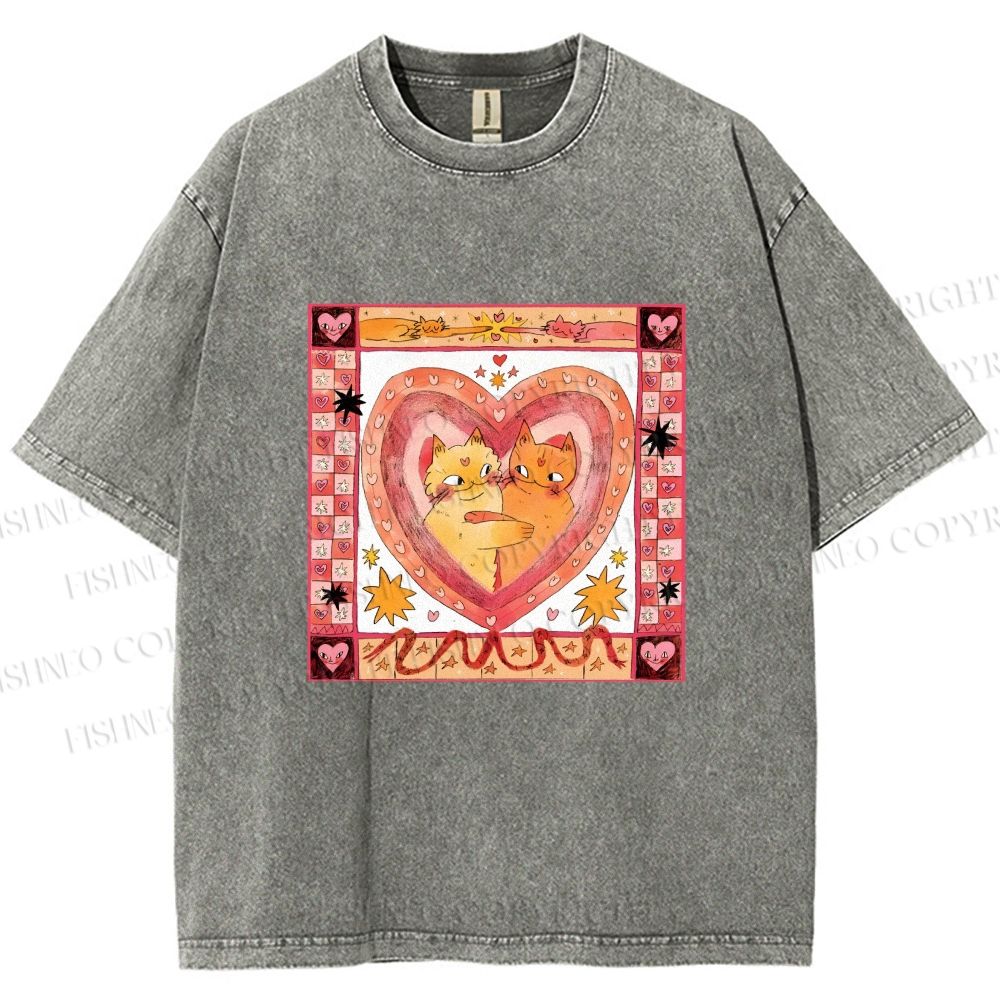 Unisex Cats Falling in Love Printed Washed Tee