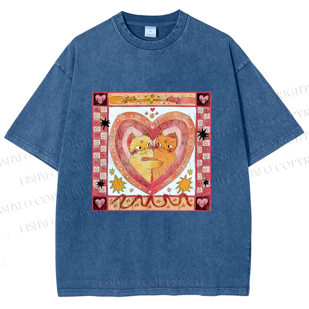 Unisex Cats Falling in Love Printed Washed Tee
