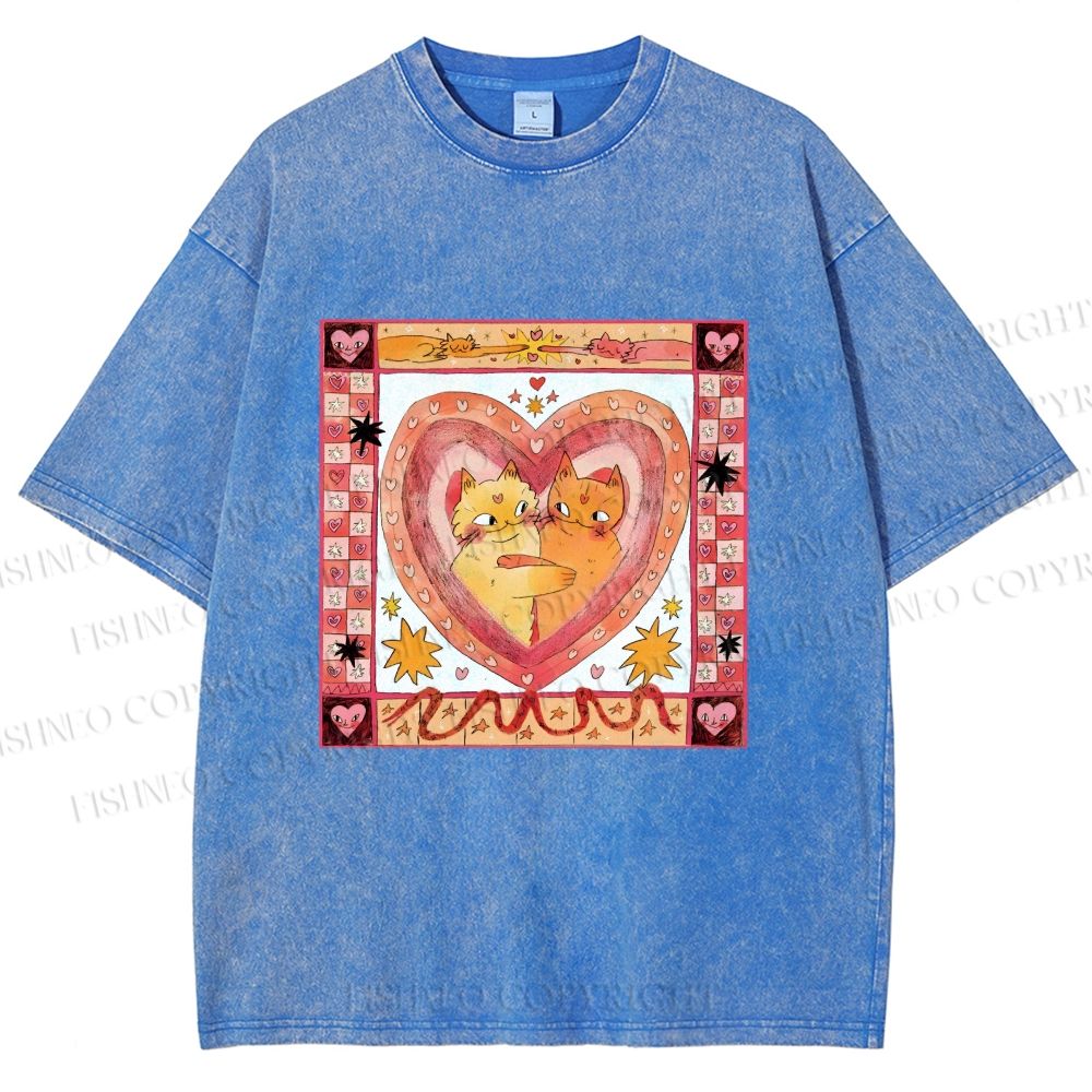Unisex Cats Falling in Love Printed Washed Tee