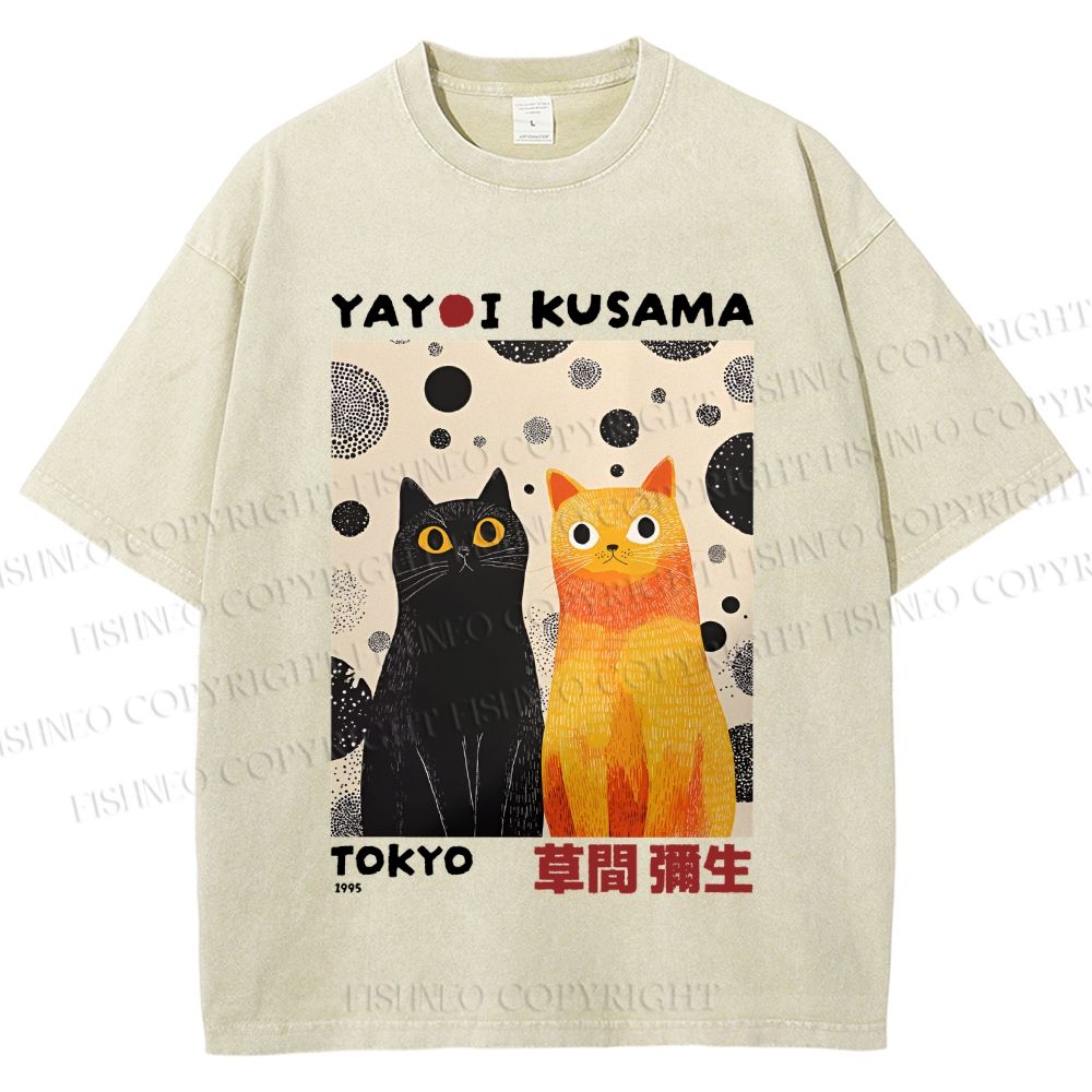 Unisex Yayoi Kusama Cats Printed Washed Tee