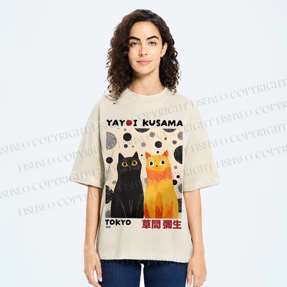 Unisex Yayoi Kusama Cats Printed Washed Tee