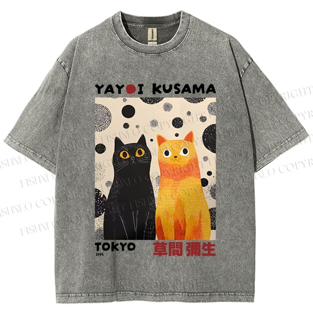 Unisex Yayoi Kusama Cats Printed Washed Tee