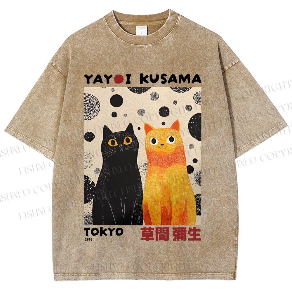 Unisex Yayoi Kusama Cats Printed Washed Tee